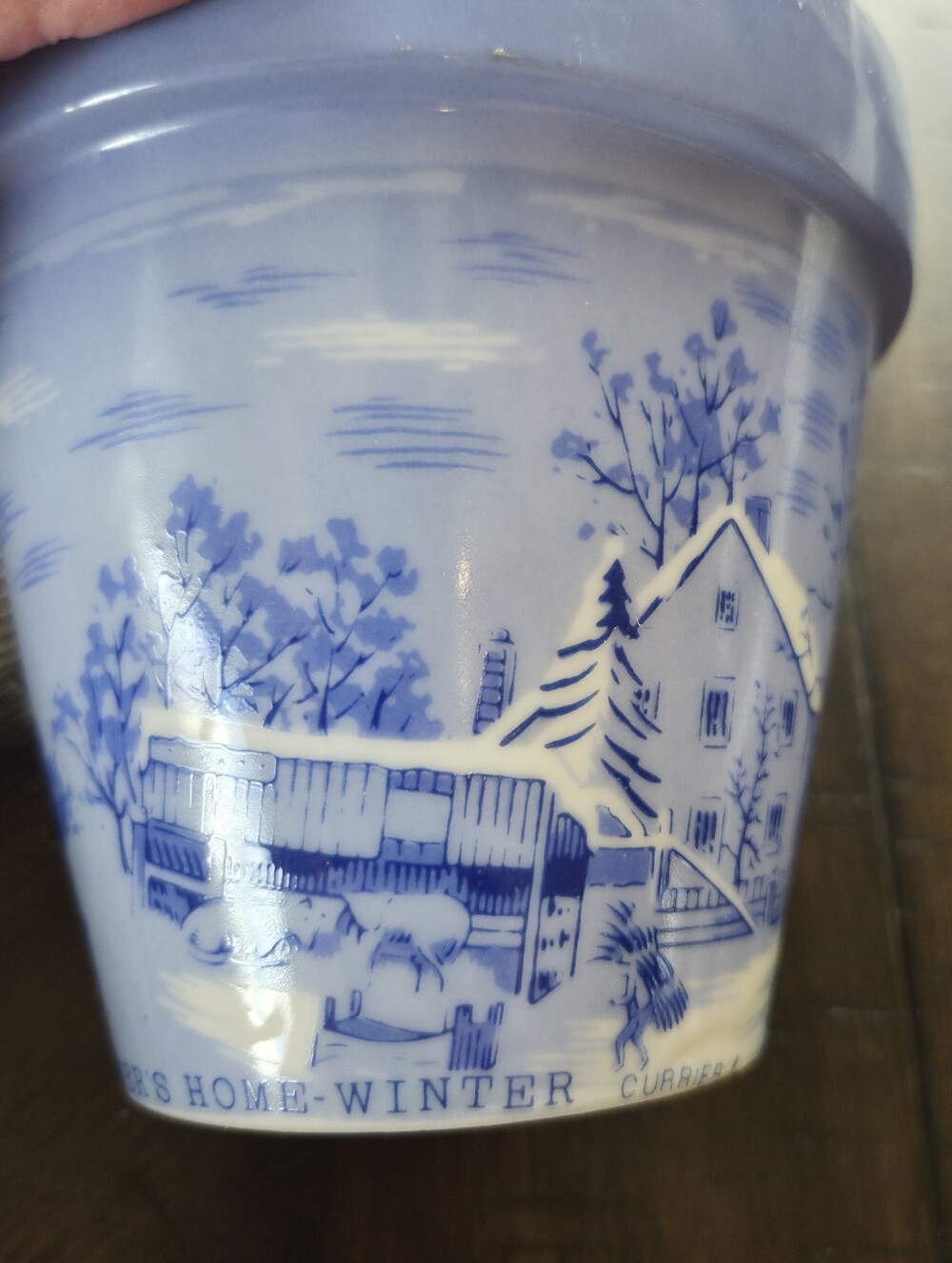 Vintage Currier & Ives "The Farmer's Home - Winter" Blue & White Ceramic Planter